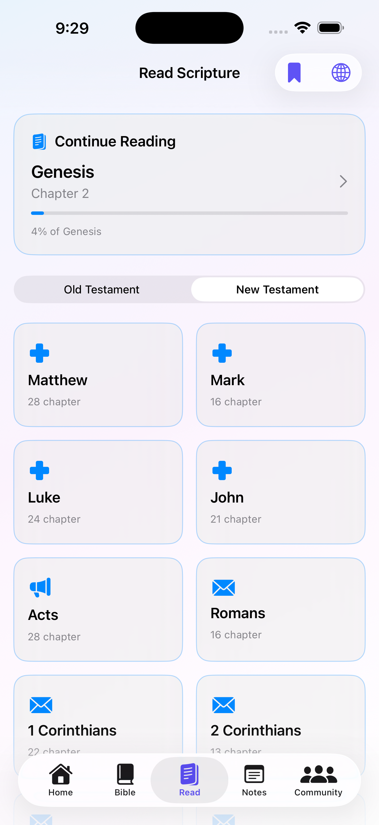 Athmana Read Scripture tab on iPhone showing New Testament book grid with Matthew, Mark, Luke, John